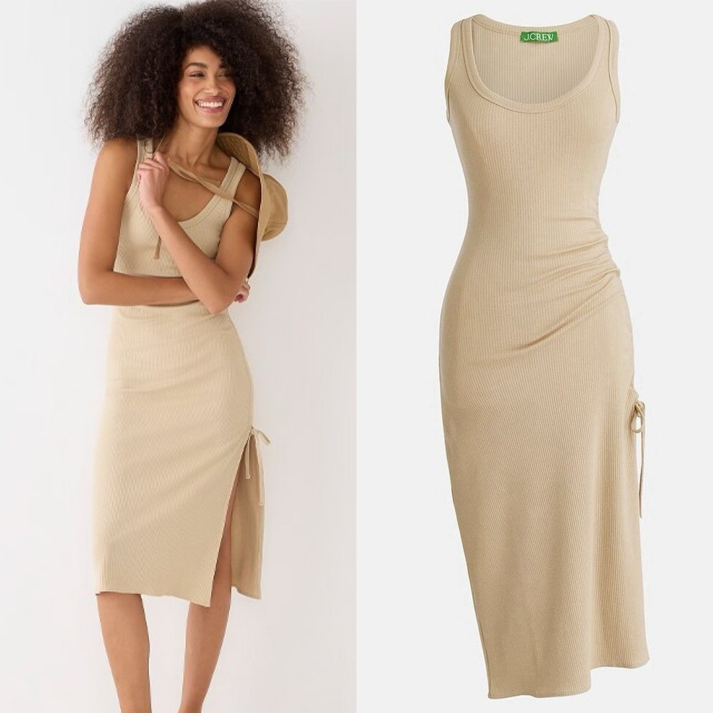 NWT J. Crew‎ Ribbed Bodycon Ruched Side Sleeveless Midi Tank Dress Sexy Tan Sz L